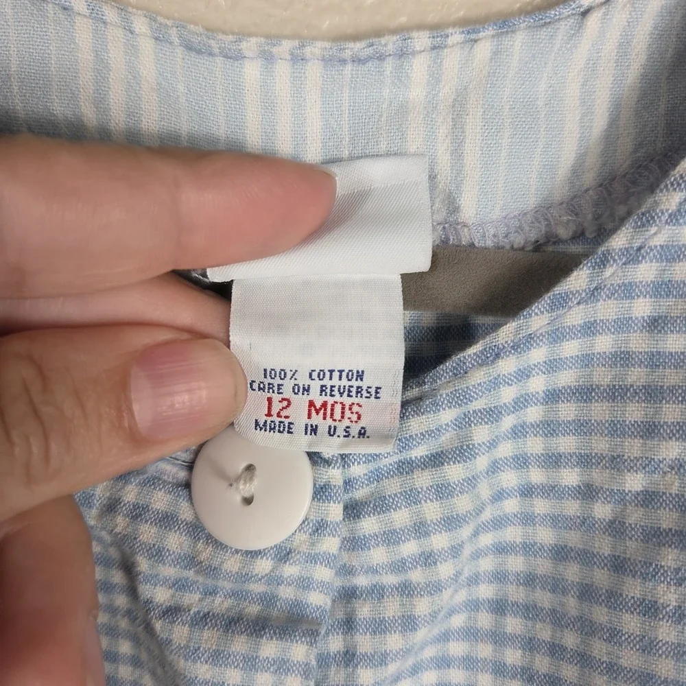 Vintage OshKosh B'Gosh Baby Bubble Romper Blue Gingham USA 12M Puff Sleeve